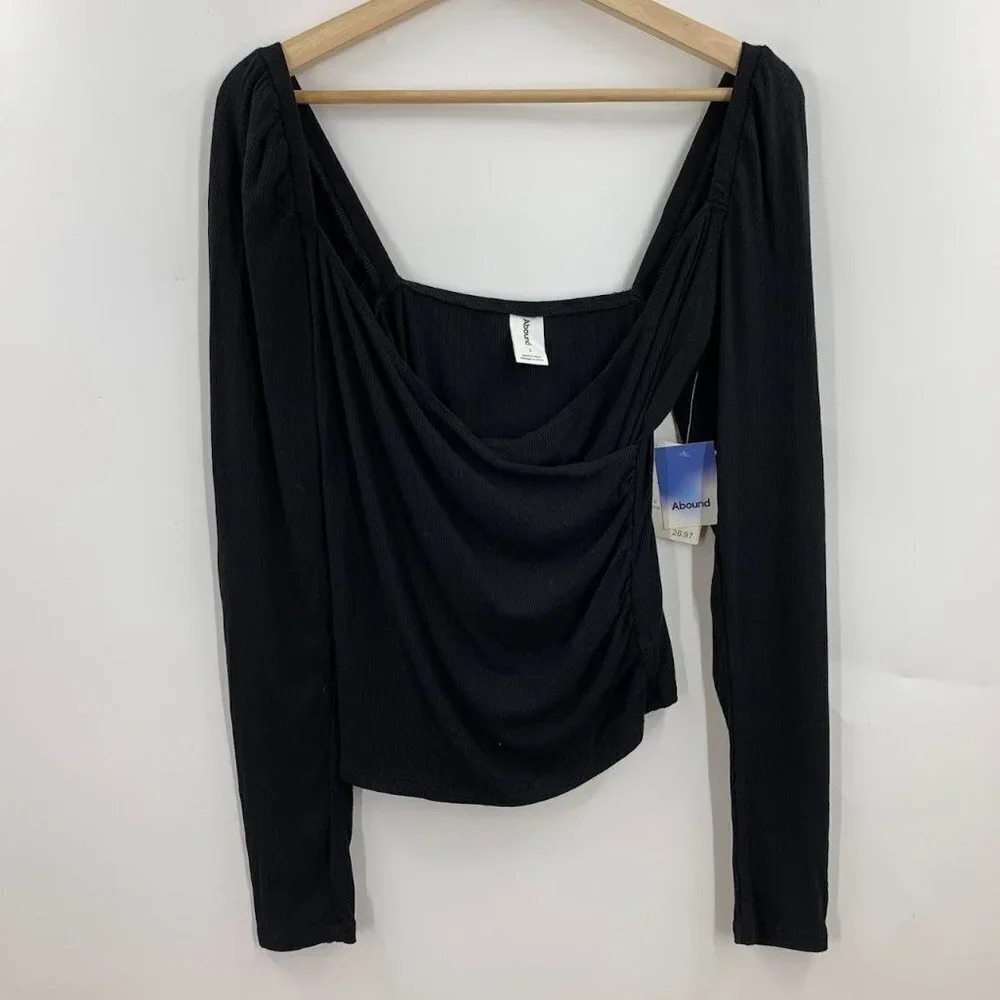 Abound Women's Black Wrap Rib Knit Bustier Long Sleeve Pullover Shirt Size S NWT